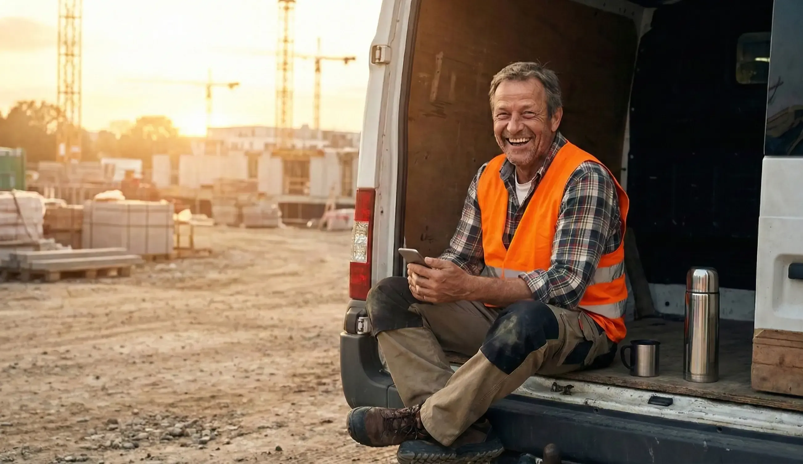 Handwerker sitzt im Transporter auf der Baustelle und nutzt sein Smartphone
